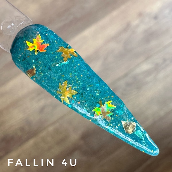 Fallin 4 U, teal dip powder for nails, fall leaf glitter mix dip powder, kandedips