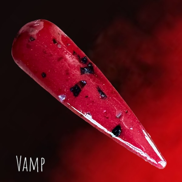 Vamp, Halloween dip powder for nails, red with black foils and gunmetal shreds, kandedips