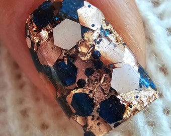 Moonlit Rose dip powder for nails, sapphire navy blue and rose gold glitter dip powder with rose gold foil, Kande Dips