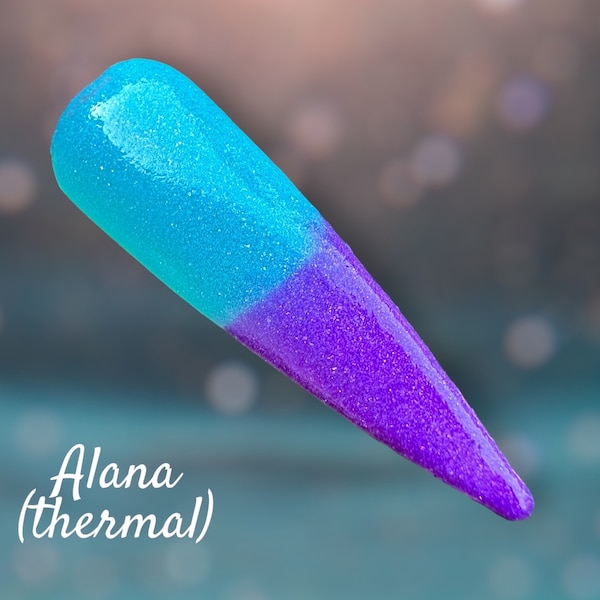 Alana dip powder, purple to light teal thermal dip powder, dip powder thermal, color changing dip powder for nails, kandedips