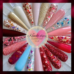 May include: A color wheel of 18 different nail dip powders. The powders are all glittery and have a variety of colors, including pink, red, gold, and white. The wheel is labeled "Kande dips Valentine's Day Vol III."