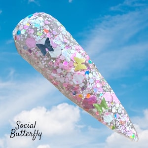Social Butterfly dip powder, pink chunky glitter dip powder for nails, kandedips