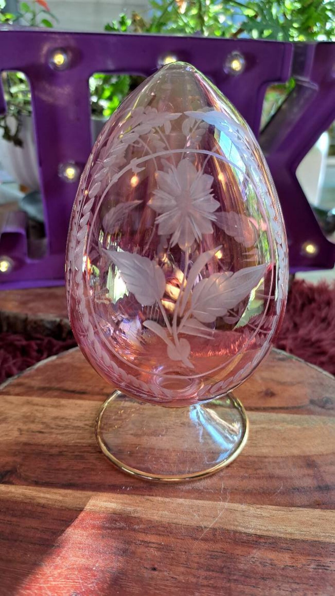 Pink Glass Egg Beautiful Etched Flower in Frame All the Way Around Etsy