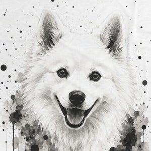 May include: A rectangular white throw blanket featuring a black and white watercolor-style illustration of a fluffy dog's face. The dog has pointed ears, dark eyes, and an open mouth. Black ink splatters and drips extend downward from the dog.