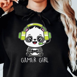 Cute Gamer Girl Panda Hoodie, Gaming Panda Sweatshirt, Gift for Girlfriend Panda Lover Gamer, Cute Present for Her, Girl Geek Gift