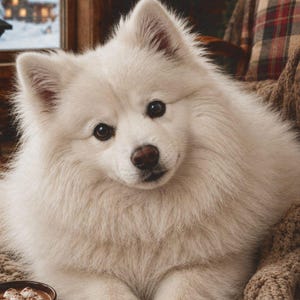 May include: A fluffy white dog with pointed ears and dark eyes resting on a textured brown knit blanket. Beside the dog sits a ceramic mug filled with a dark beverage topped with white marshmallows, set against a cozy cabin interior.