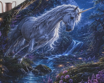 Belle licorne série Fantasy 2026 dans une forêt enchantée - Grande couverture en peluche douce et chaude 60 x 80 cm, cadeau pour enfant, chaise-lit