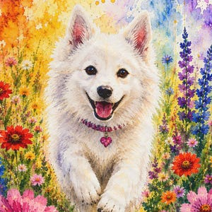May include: A watercolor painting of a fluffy white dog with a pink collar and heart-shaped charm running through a vibrant field of colorful flowers including pink, orange, and blue blossoms against a bright, multi-colored background.