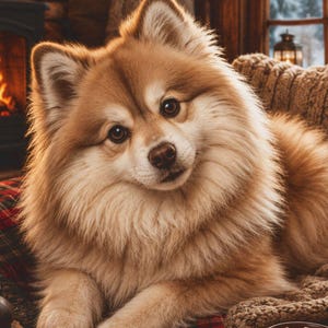 May include: A fluffy tan and white dog resting on a textured brown knit blanket. Beside the dog sits a dark mug filled with a hot beverage topped with marshmallows. In the background, a fireplace glows with orange flames near a window.