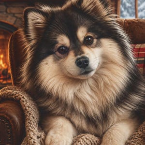 May include: A fluffy dog with black, tan, and white fur sitting in a brown leather armchair. The dog is draped in a thick, beige knitted blanket. A ceramic mug with a pine tree pattern and marshmallows sits nearby on a wooden surface.
