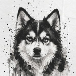 May include: A black and white illustration of a husky dog head on a white background. The artwork features a detailed portrait of the canine with expressive eyes and pointed ears, surrounded by artistic ink splatters and vertical drips.