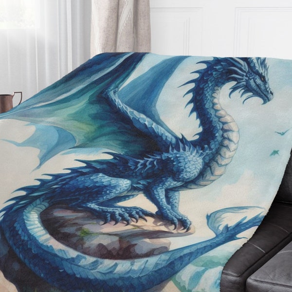 Warm & Cozy Beautiful Blue Dragon 50x60 Minky Blanket, Large Dragon Gamer Blanket, Gift for Dragon or Game Enthusiast for Gaming Chair