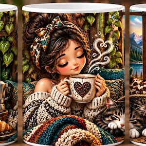 May include: A white ceramic mug featuring a three-part illustration. The left side shows a coffee station with beans, a lantern, and a croissant. The centre depicts a person holding a heart-patterned mug. The right side shows a landscape view.