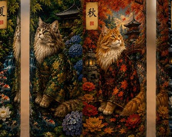 Japanese Four Seasons Cat Art, Kimono Kitty Gift, Koi Garden Coffee Cup, Cherry Blossom Feline Decor, Japan Lover Gift, Big 15oz Mug