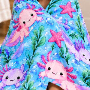 Axolotl Hooded Towel for Kids, Pink and Purple Sea Creatures, Cute Ocean Bath Wrap, Girls Beach Pool Swim Cover Up, Birthday Gift