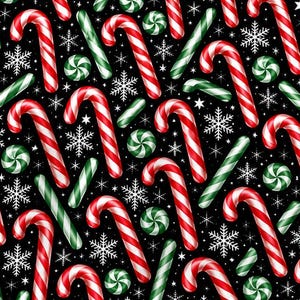 May include: A black throw blanket featuring a repeating pattern of red and white striped candy canes, green and white striped candy canes, and white snowflake icons scattered across the entire surface of the fabric.