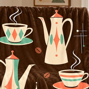 Manta Atomic Coffee Minky de 60x80, decoración de cocina moderna de mediados de siglo, manta retro para amantes del café, regalo estilo cafetería MCM