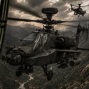 May include: A rectangular throw blanket featuring a dark, detailed print of two military attack helicopters flying over a rugged mountain valley with a river. The border is dark green with black stripes and a star in each of the four corners.