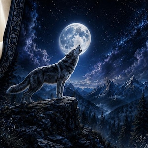 Peut inclure: Une couverture rectangulaire illustrant un ciel nocturne bleu foncé avec une pleine lune et un loup hurlant depuis une falaise rocheuse. La scène comprend une chaîne de montagnes, des pins et une bordure décorative aux motifs entrelacés bleus.