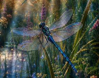 Dragonfly Blanket, Blue Dragonfly Decor, Wildflower Nature Blanket, Garden Lover Gift, Cottagecore Bedding, Pond Meadow Throw