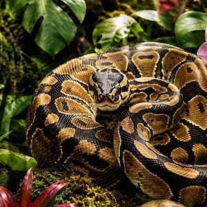 May include: A plush throw blanket featuring a high-resolution print of a ball python coiled on a mossy forest floor. The scene includes large green monstera leaves, smooth grey river stones, a red bromeliad, and pink orchid flowers.