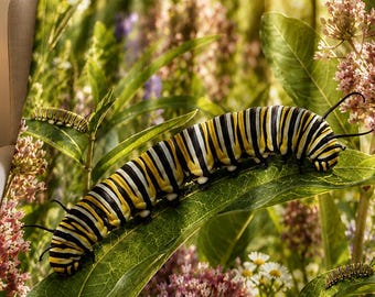 Monarch Caterpillar Blanket, Butterfly Garden Blanket, Milkweed Nature Decor, Caterpillar Lover Gift, Wildflower Bedding, Garden Throw