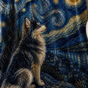 May include: A plush throw blanket featuring a dark blue and yellow starry night sky background with a large crescent moon and swirling patterns. A fluffy, grey and white dog sits in the foreground, looking toward the right side of the blanket.