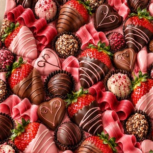 May include: A plush throw blanket featuring a repeating pattern of chocolate-covered strawberries, heart-shaped chocolates, and truffles in shades of red, pink, and brown, accented with flowing pink ribbons on a soft fabric surface.