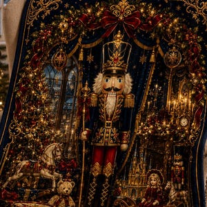 May include: A rectangular throw blanket featuring a dark blue background with a central nutcracker figure, a rocking horse, a teddy bear, a drum, a doll in a sleigh, and a toy train, all framed by ornate gold filigree, red ribbons, and poinsettias.