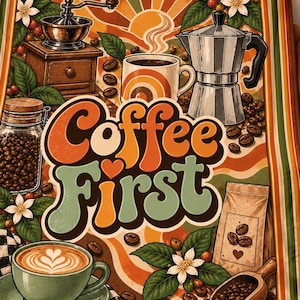 May include: A rectangular throw blanket featuring a retro-style graphic with the text Coffee First. The design includes a coffee grinder, a moka pot, a jar of beans, a cup of latte art, a bag of coffee, and cinnamon sticks in warm earth tones.