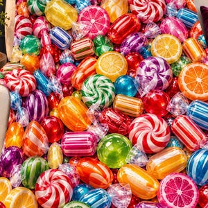 May include: A plush throw blanket featuring a vibrant, all-over print of assorted hard candies, including colorful striped spheres, wrapped rectangular sweets, and citrus fruit slices in shades of red, orange, yellow, green, blue, and purple.