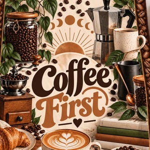 Könnte beinhalten: Eine rechteckige Wohndecke mit einem Rand aus Kaffeebohnen und einer zentralen Abbildung einer Kaffeetasse mit Latte Art, einem Croissant, einem Espressokocher, einer Kaffeemühle und einem Glas Bohnen, mit dem Text Coffee First in braun.