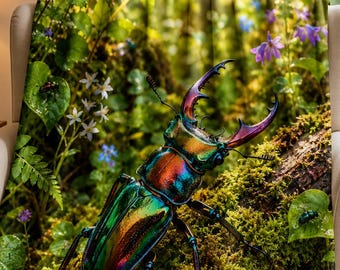 Stag Beetle Blanket, Iridescent Beetle Decor, Insect Lover Gift, Woodland Nature Throw, Bug Lover Blanket, Forest Bedroom Decor
