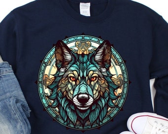 Pull loup en vitrail, sweat loup gris forêt lune glaciale, pull fête des pères, cadeau d'anniversaire pour amateur ou amateur de loups canins