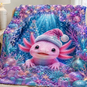 May include: A plush throw blanket featuring a pink axolotl wearing a fuzzy pink and blue Santa hat. The background displays a vibrant underwater Christmas scene with blue coral, glowing ornaments, wrapped gifts, and a decorated pine tree.