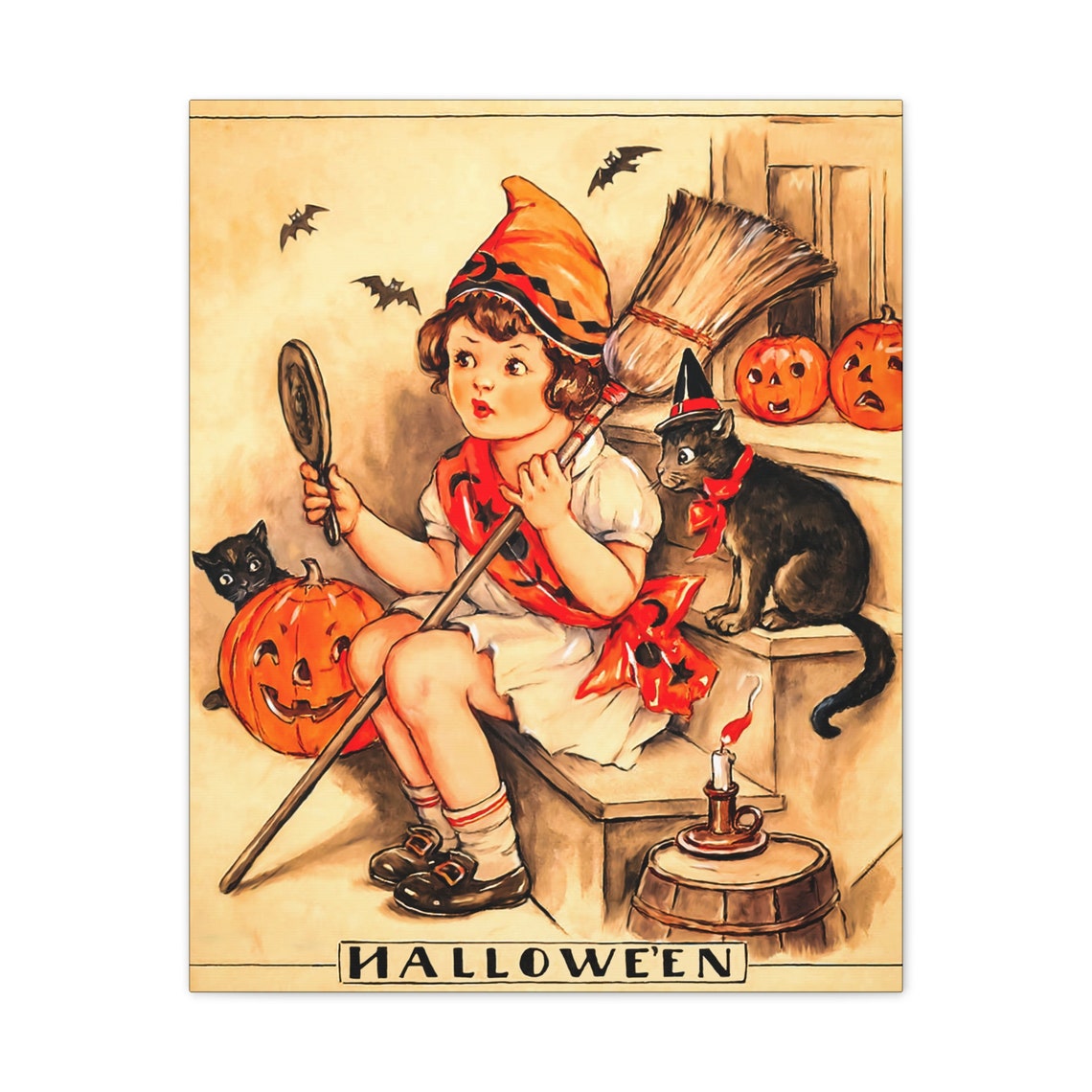 Retro Halloween Girl with Cat Canvas Print 8x10 16x20 or image 3