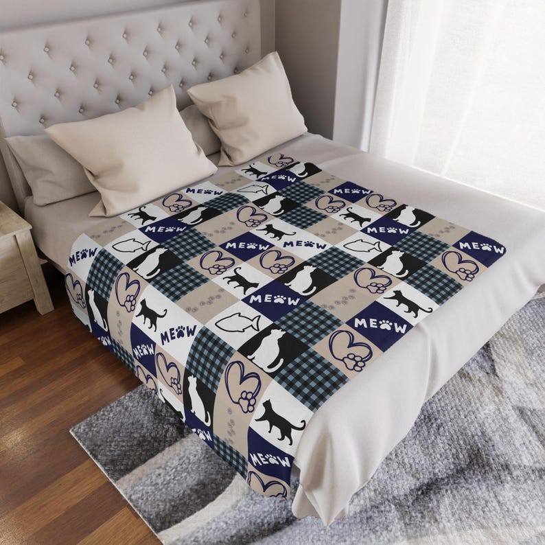 Patchwork Minky Warm Soft and Cozy 50 X 60 Blanket, Cat Lover Gift