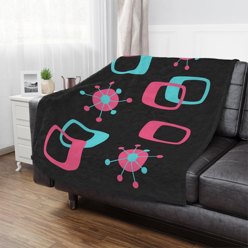 Atomic Mid Century Modern Print, Warm & Cozy 50x60 or 60x80 Velveteen