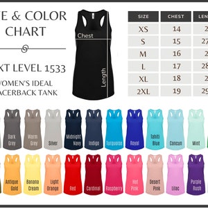 May include: A size chart for women's racerback tank tops, showing measurements in inches for chest and length. The chart includes sizes XS to 2XL. The image also shows a variety of colors available for the tank tops, including heather grey, dark grey, warm grey, silver, midnight navy, indigo, turquoise, royal blue, tahiti blue, cancun, mint, kelly green, military green, antique gold, banana cream, light orange, red, cardinal, raspberry, hot pink, desert pink, lilac, purple rush, and white.