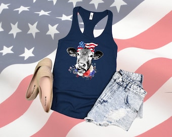 Patriotic Cow Racerback Tank Top, 4th Of July Tank, Independence Day Tank Top, American Flag, Highland Cow Tee, Cow Bandana USA Tank Top
