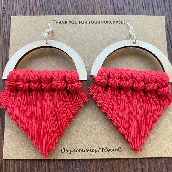 Macramé Fringe Earrings | Macrame Earrings | Bohemian Earrings | Made with Sterling Silver | Handmade Feather Earrings | You choose Color