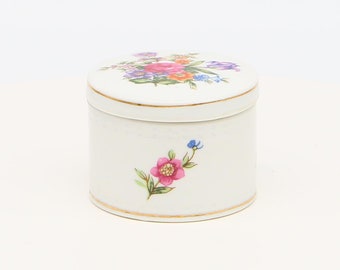 Porseleinen sieradendoosje - Vintage juwelendoos, keramische ringhouder met bloemen en gouden rand, make-up tafel decor jaren 90, 6cm