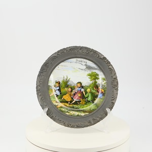 Vintage Seltmann Weiden &quot;Frühling&quot; Wall Plate, Porcelain with Pewter Rim, Bavaria W. Germany, 23cm