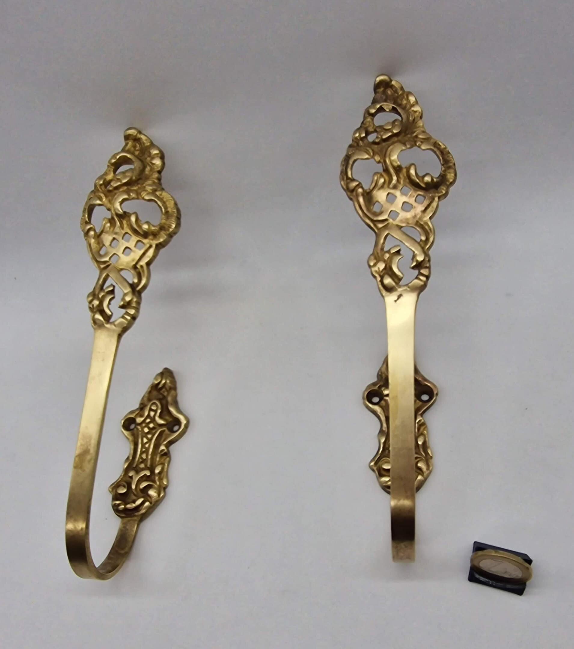 Pair of Neoclassical Brass Curtain Tie Backs, Antique Decorative Hooks