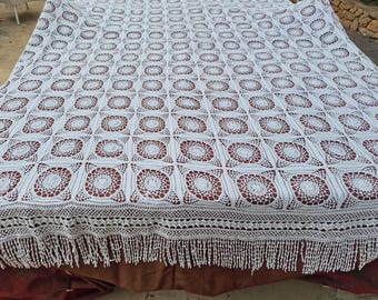 Ręcznie Robiona Narzuta na Szydełku, Vintage Bawełniana Kapa, Narzuta z Koronki Lata 30, Shabby Chic Retro Biała na Łóżko, 190x240 cm