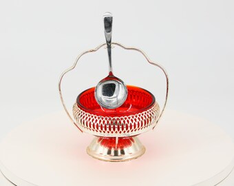 Art Deco Ruby Red Glass Sugar Bowl and Metal Holder with Spoon, 1930s Vintage Pressed Glass Sugar Dish Set, Elegant Antique Tableware