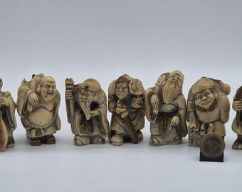 Vintage Japanese Seven Lucky Gods Figurines: Hand-decorated Shinto