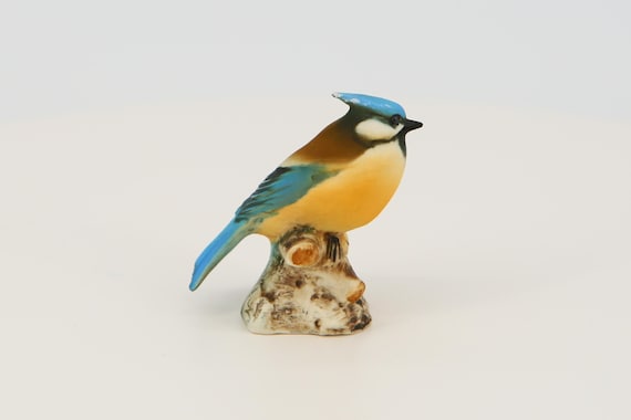 カポディモンテ 磁器製 鳥 置物, 手描き アオカケス ミニチュア 彫刻