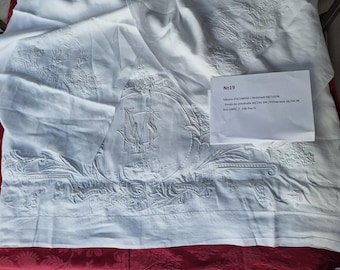 Antique French Bedding Set Hand Embroidered Linen Sheet Pillowcase, 1910s White Monogram Trousseau, Openwork Scalloped Flat Sheet 250x220