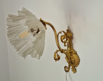 Antique Gilded Bronze Wall Sconce with Frosted Glass Tulip Shade, 1920s French Vintage Lighting, Rewired Classic Wall Lamp